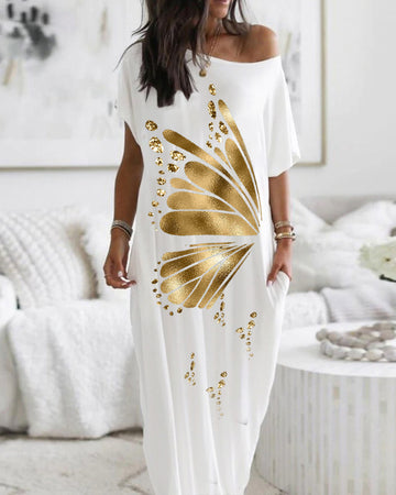 Metallic Butterfly Pattern Pocket Detail Maxi Dress